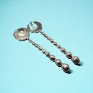 Deco aluminum Beaded SALAD SERVING Fork Spoon Silverware Serving Set 13" L